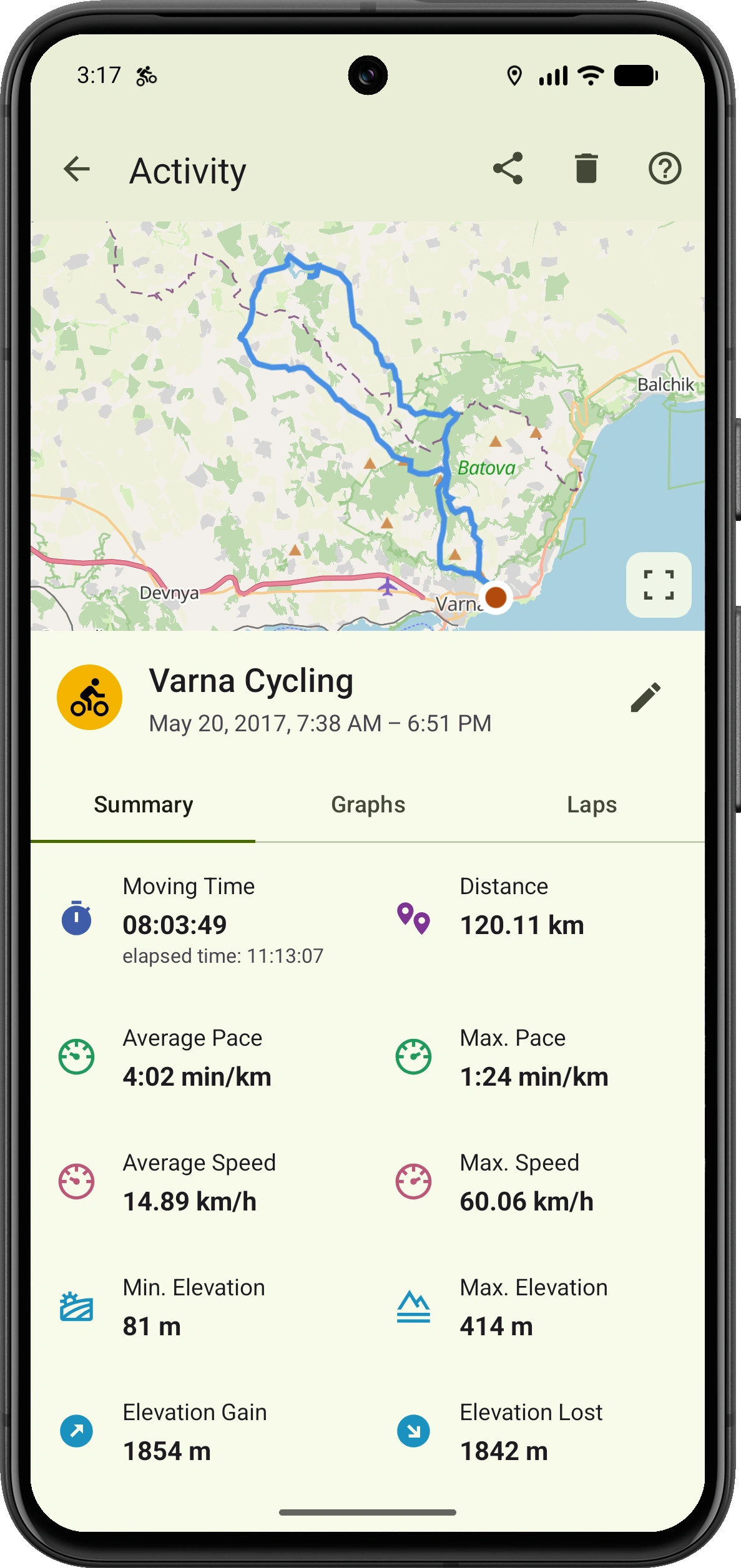 VMFit cycling activity summary showing the recorded route, distance, pace, speed and elevation