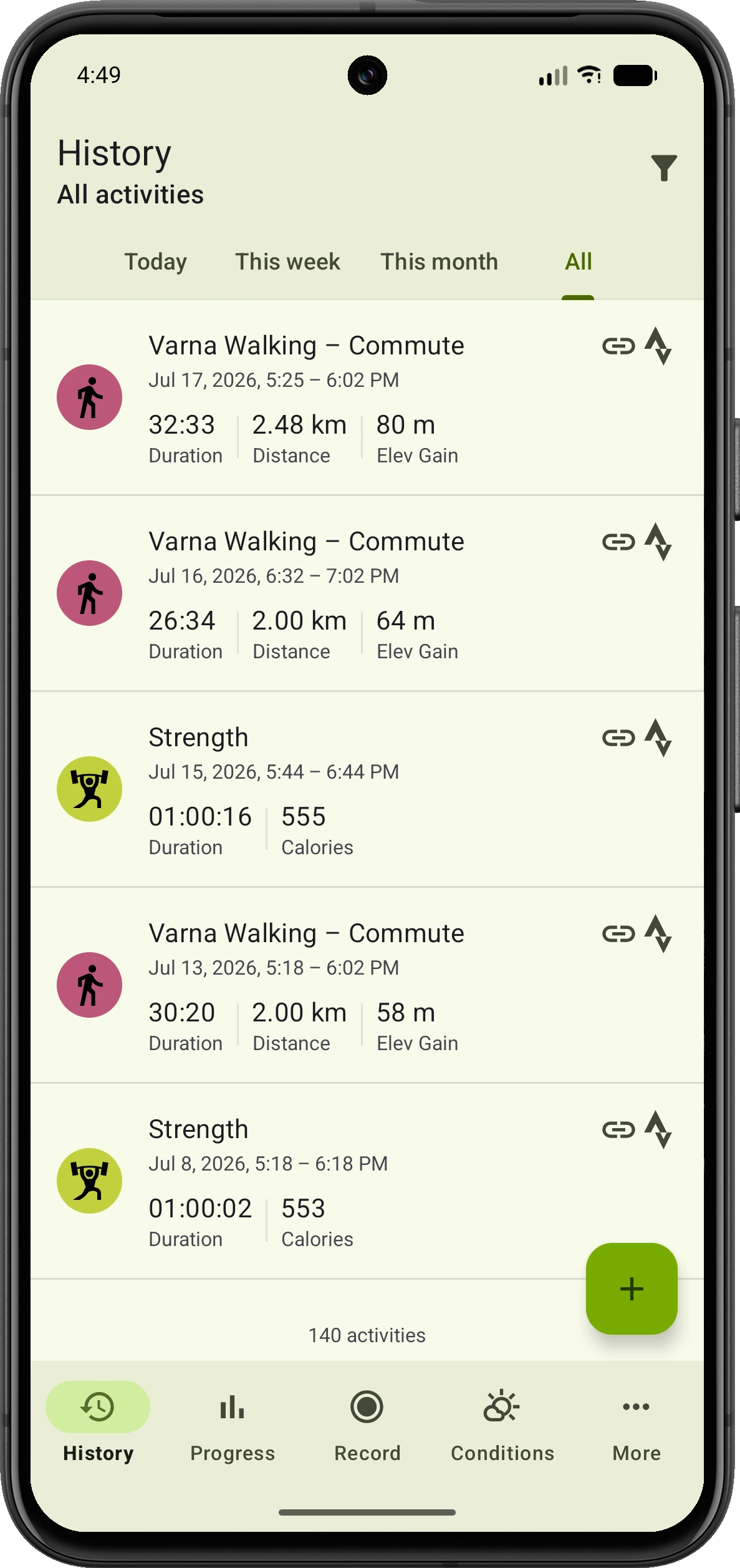 VMFit activity history showing walking and strength activities with their dates, duration and key statistics