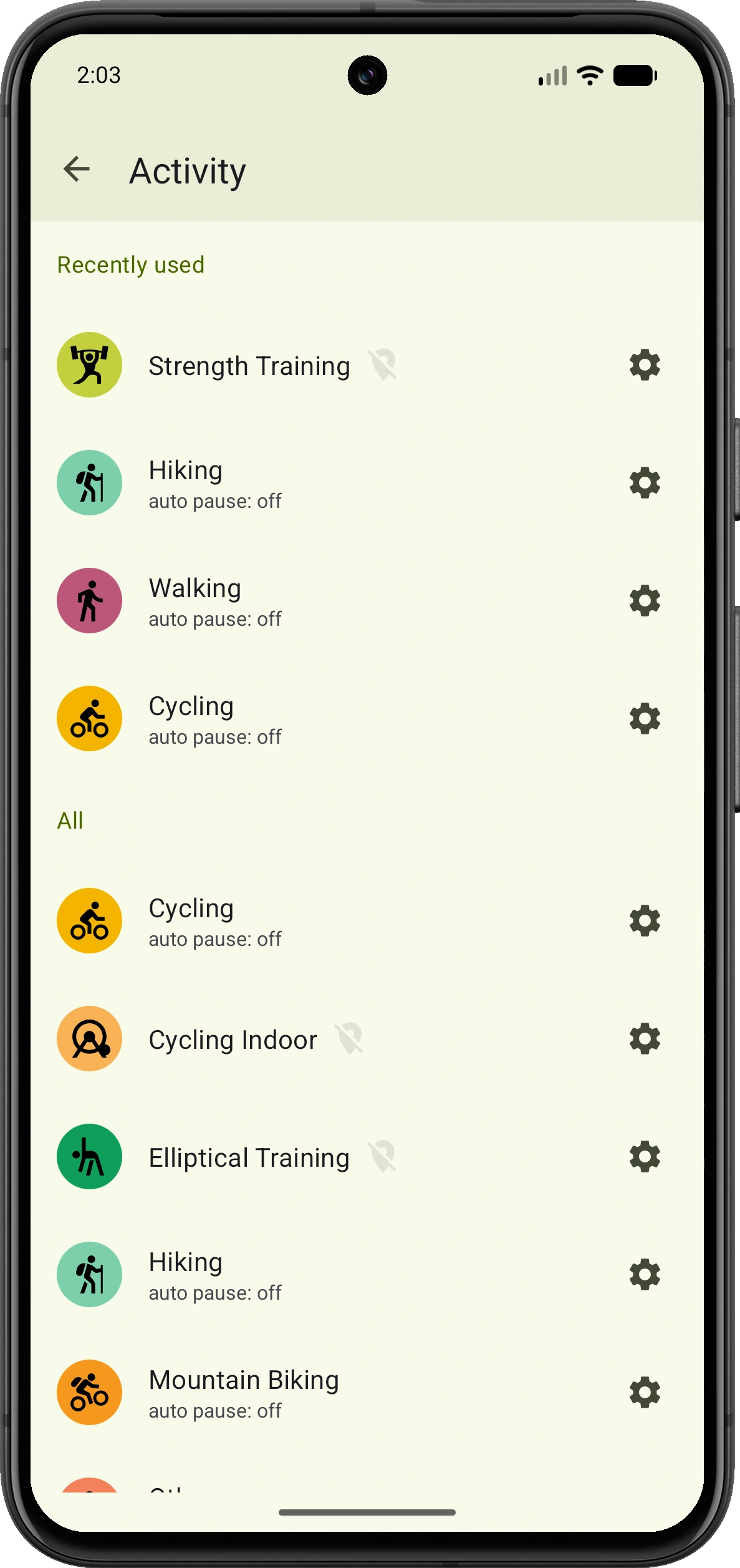 VMFit activity type picker showing recently used activity types, all supported activities and settings shortcuts for each type