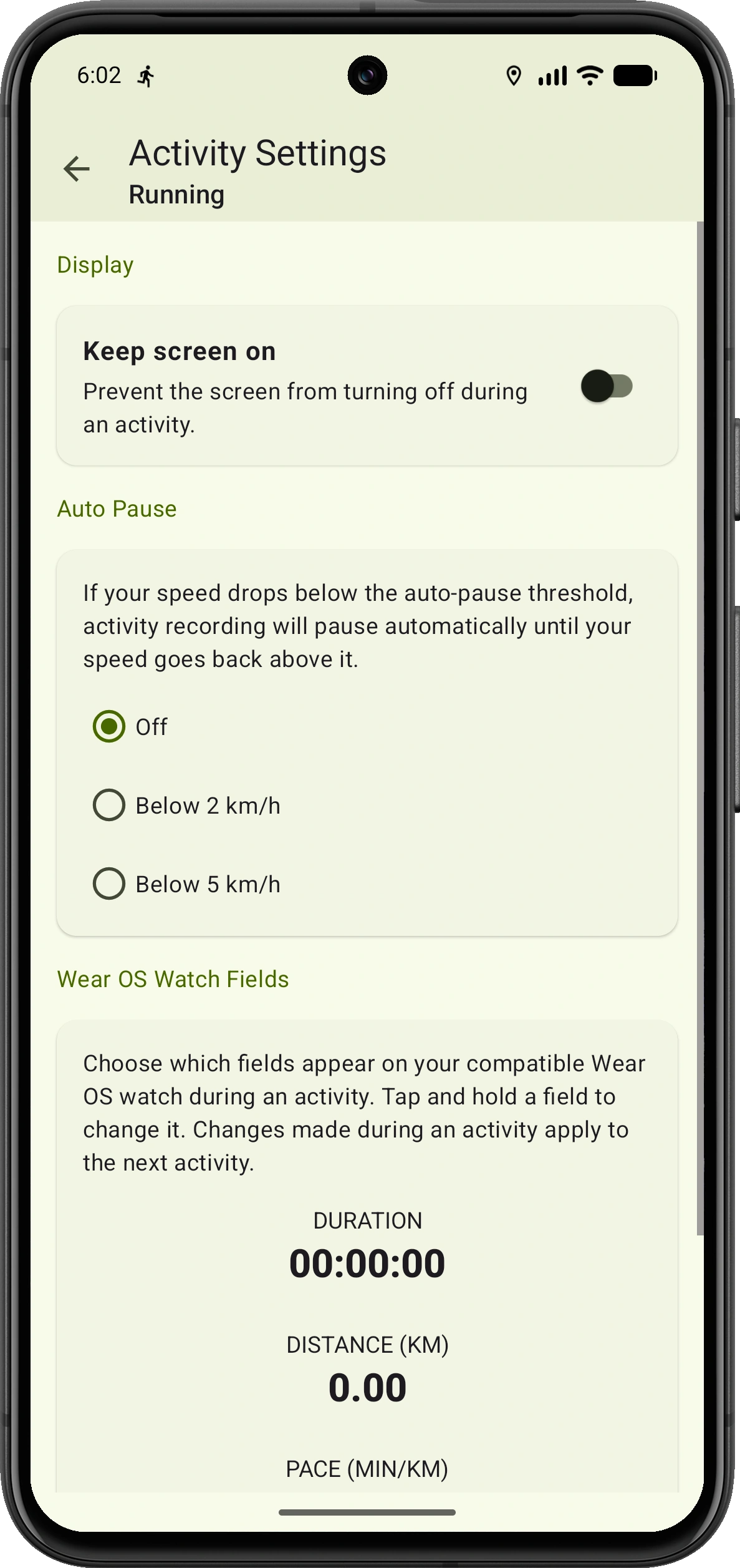 VMFit Running activity settings showing keep-screen-on, auto-pause thresholds and configurable Wear OS fields