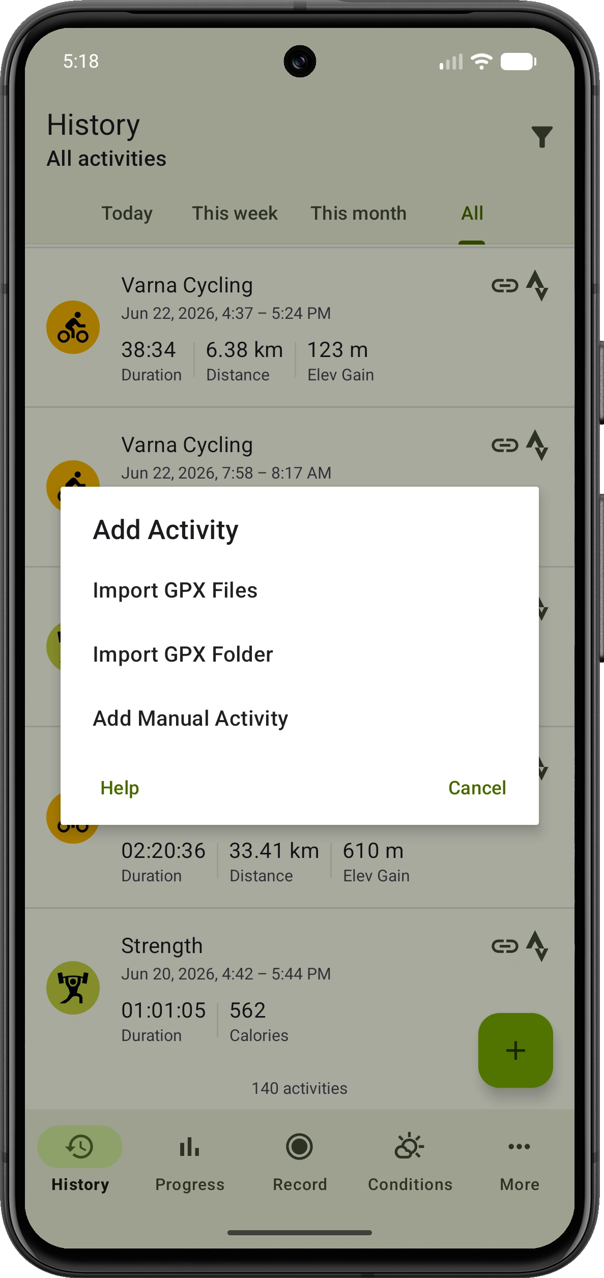 VMFit Add Activity menu with options to import GPX files, import a GPX folder or add an activity manually