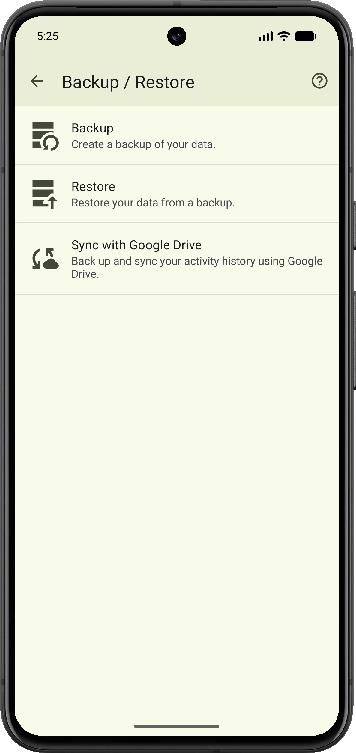 VMFit Backup and Restore screen with options to create a backup, restore data and sync activity history with Google Drive