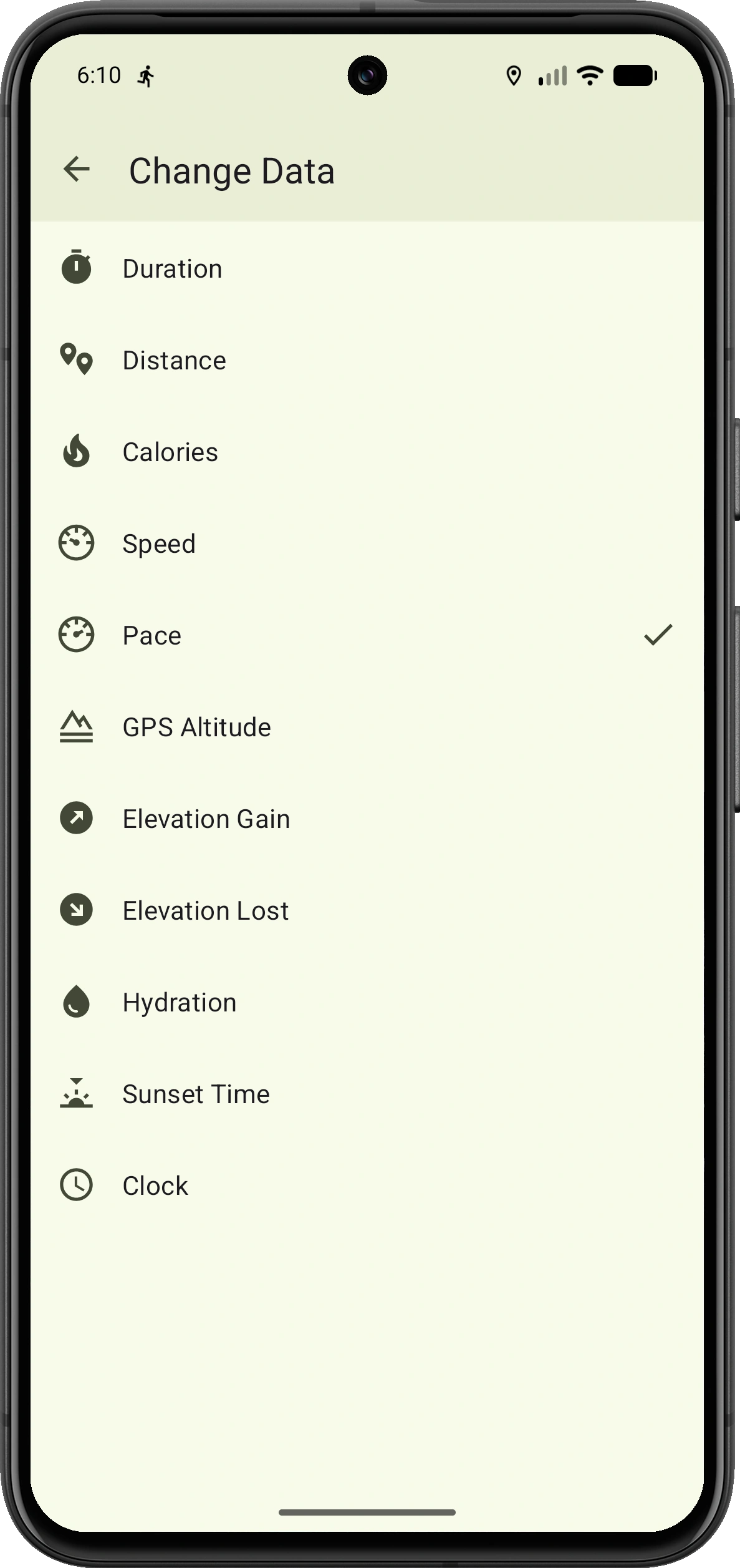 VMFit Change Data screen listing the metrics available for a live display field