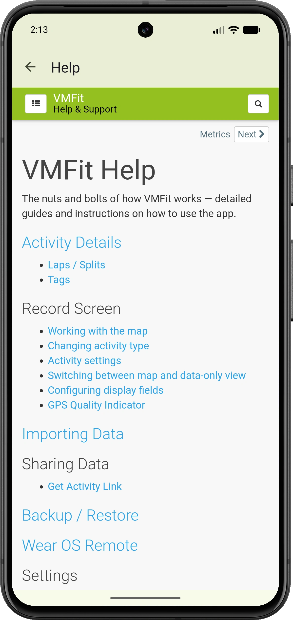 VMFit Help and Support screen showing guides for activity details, recording, data sharing, backups and Wear OS
