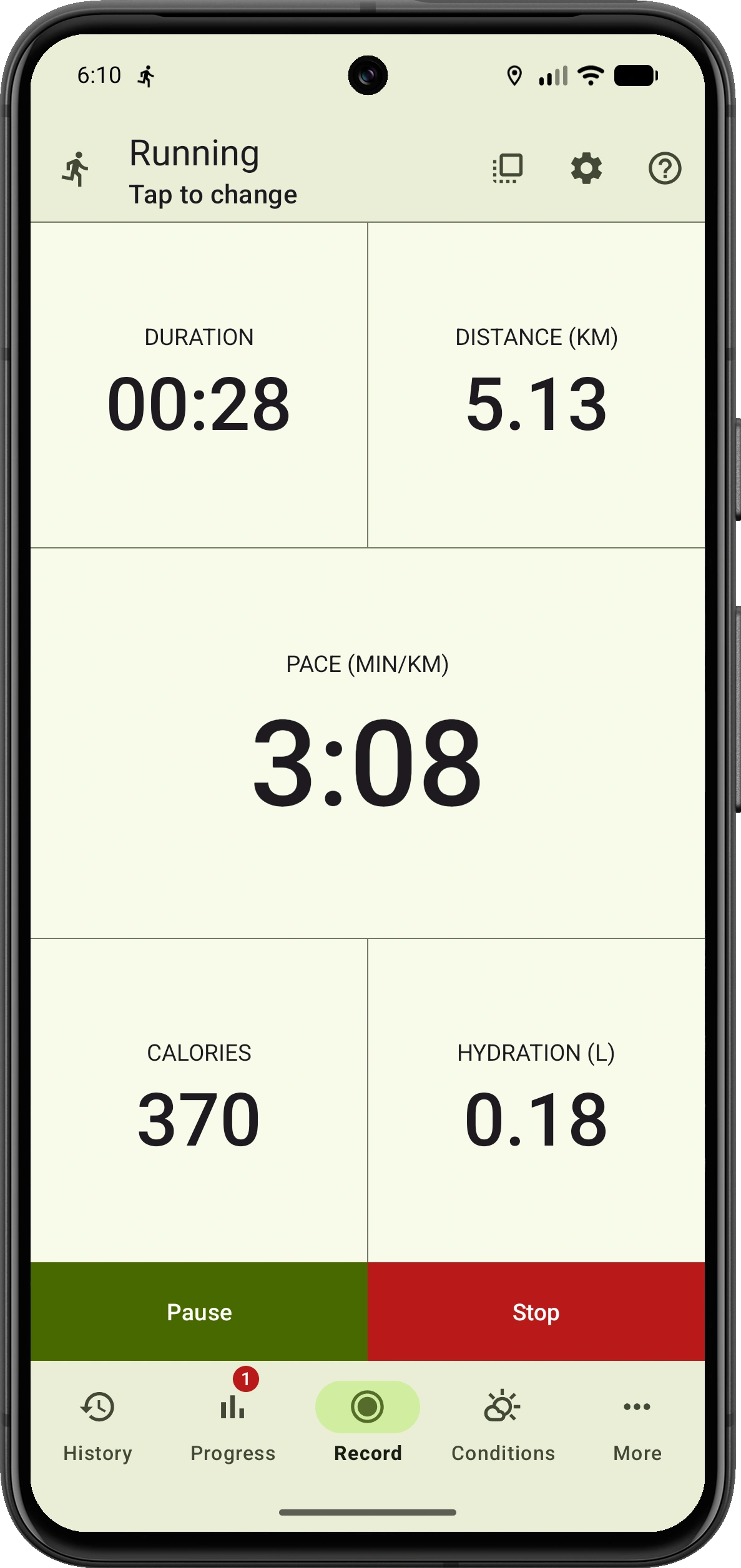 VMFit data-only recording view showing live duration, distance, pace, calories and hydration