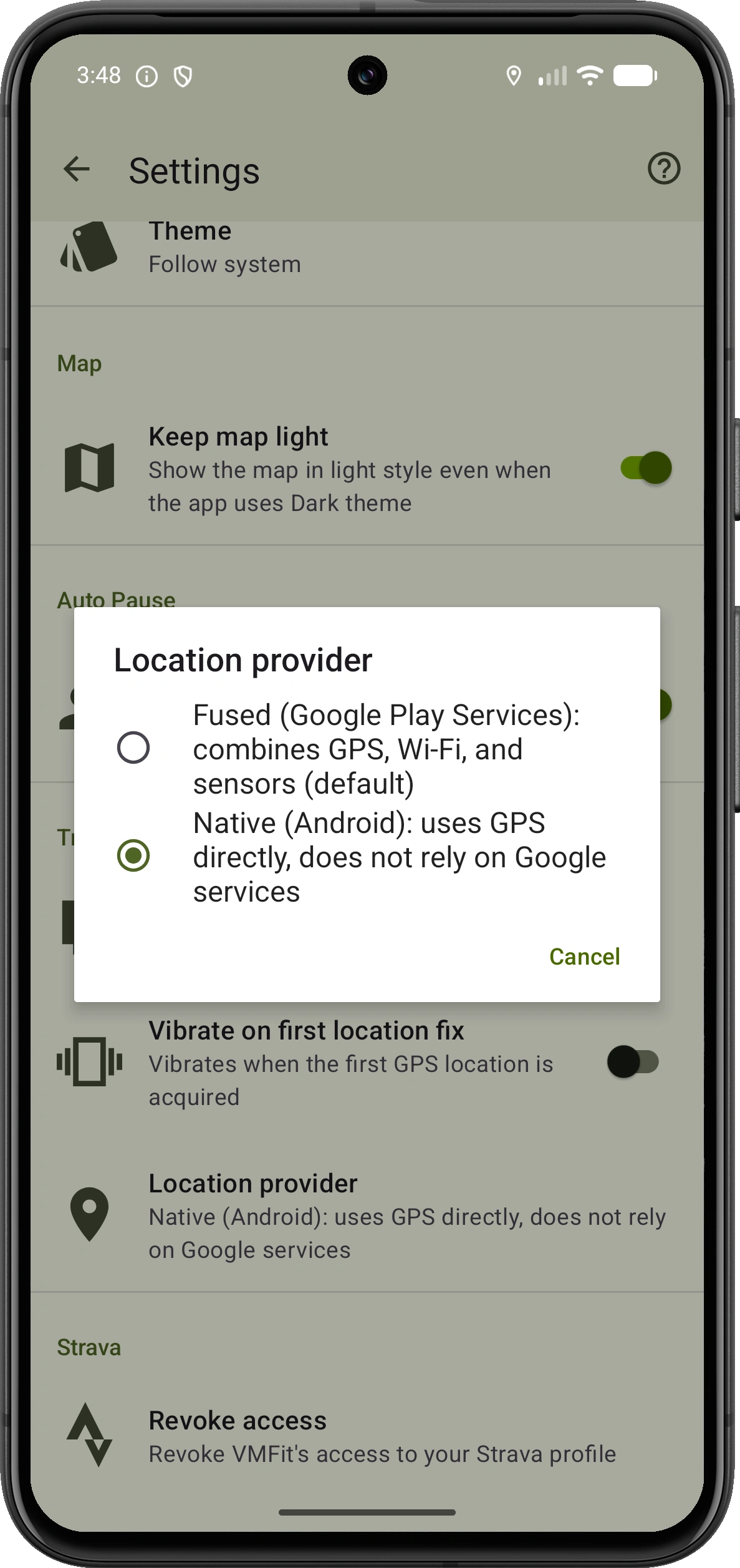 VMFit location provider dialog with Native Android GPS selected as an alternative to Google Play Services