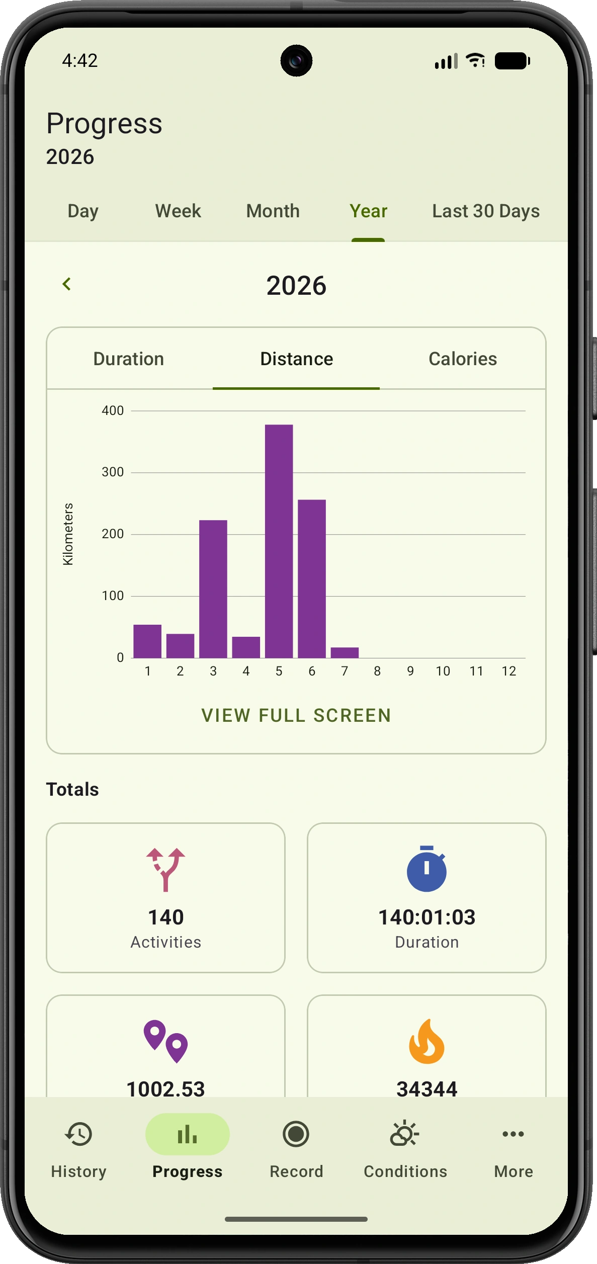 VMFit yearly progress screen showing a distance chart and cumulative activity totals
