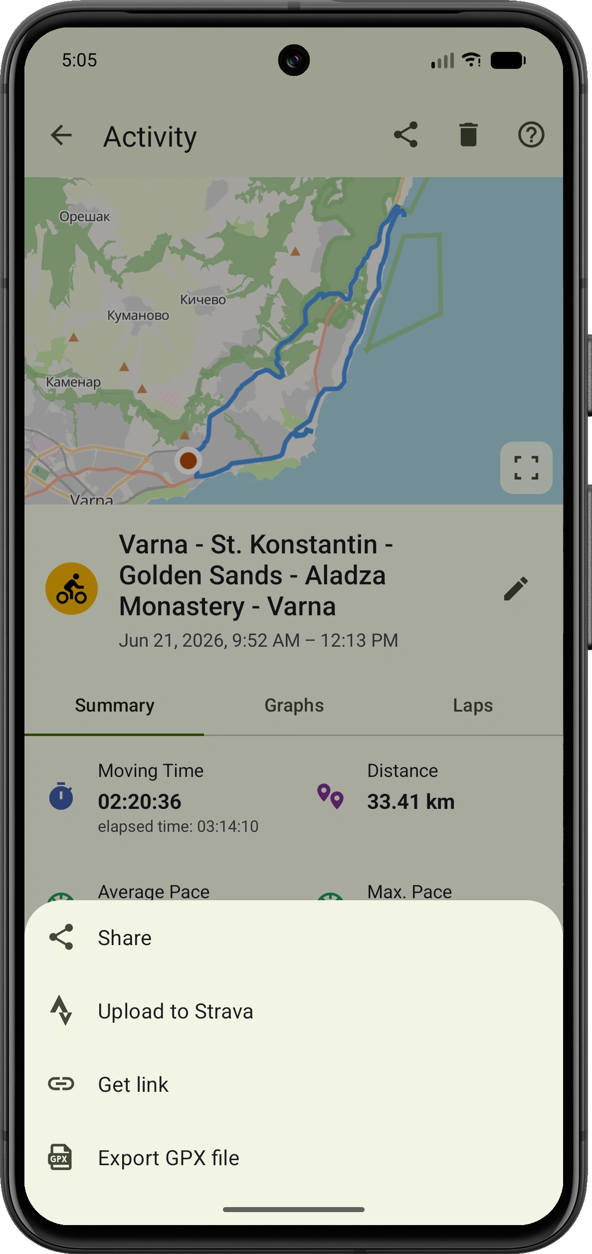VMFit activity sharing menu with Share, Upload to Strava, Get link and Export GPX file options