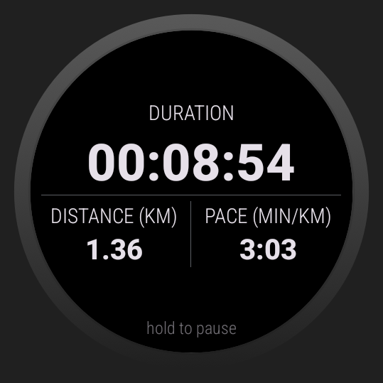 VMFit Wear OS live activity screen showing duration, distance, pace and a hold-to-pause control