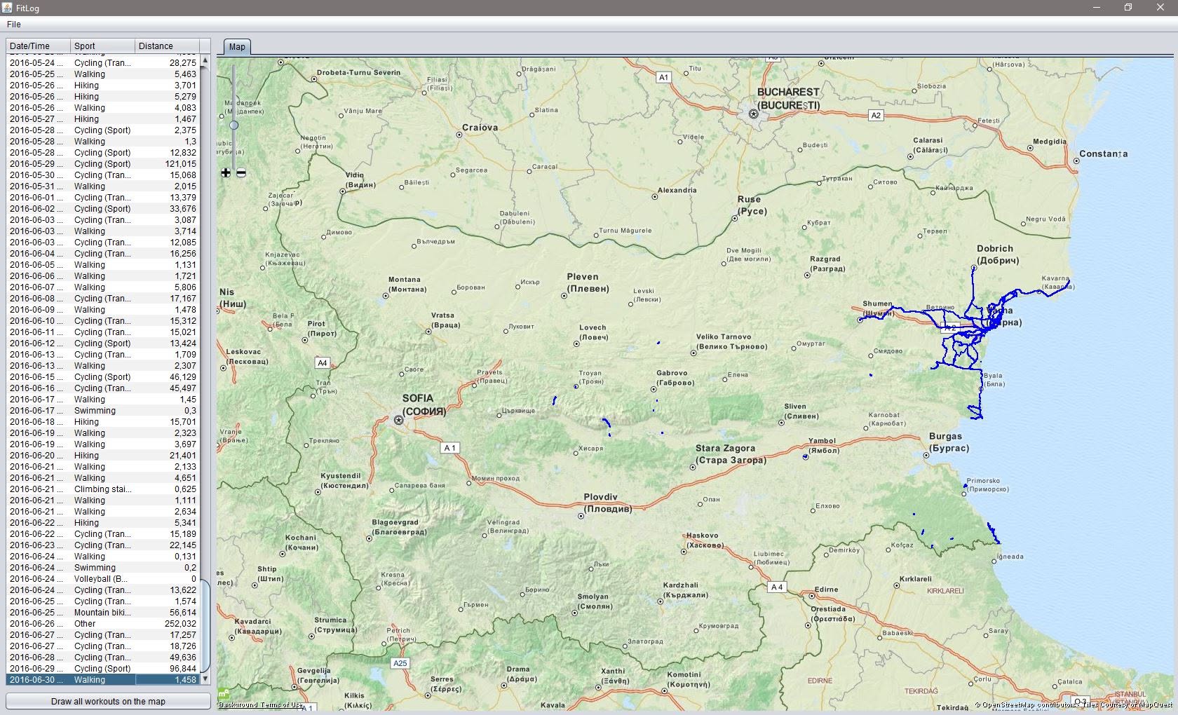 Early GPS Track desktop tool displaying recorded activities and their routes