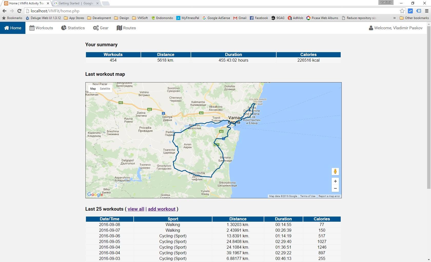 Original GPS Track browser interface showing recorded activities, statistics and a route map