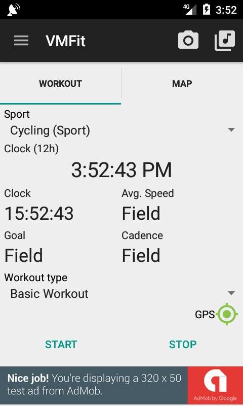 Early Android version of GPS Track showing an activity map and tracking controls