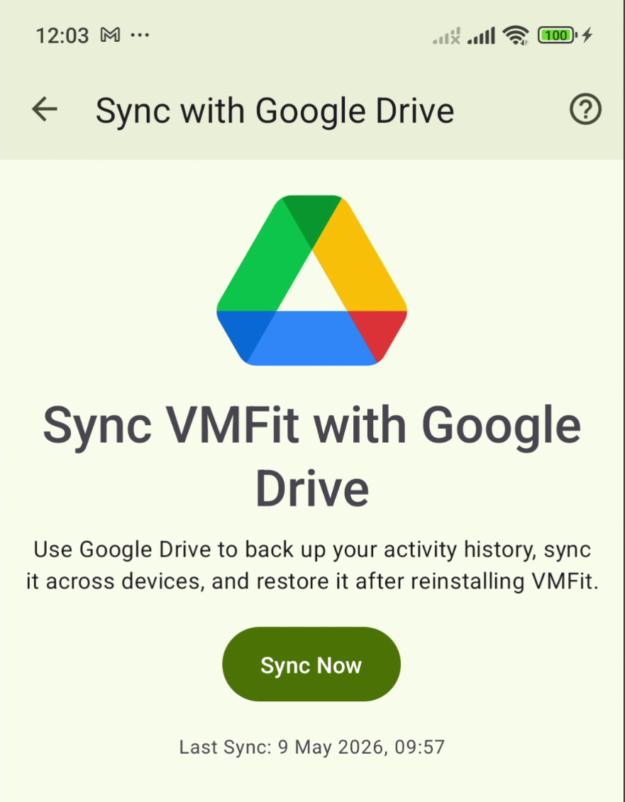 VMFit Google Drive sync screen